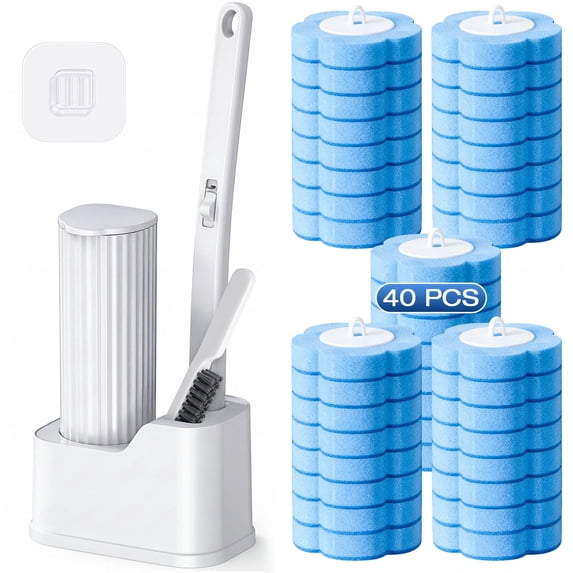 Skdwakiz Disposable Toilet Brush and Holder Set, Toilet Bowl Cleaner Wands with 40 Cleaner Refills & 1 Crevice Brush, White
