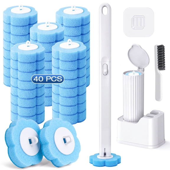 Skdwakiz Disposable Toilet Brush and Holder Set, Toilet Bowl Cleaner Wands with 40 Cleaner Refills & 1 Crevice Brush, White