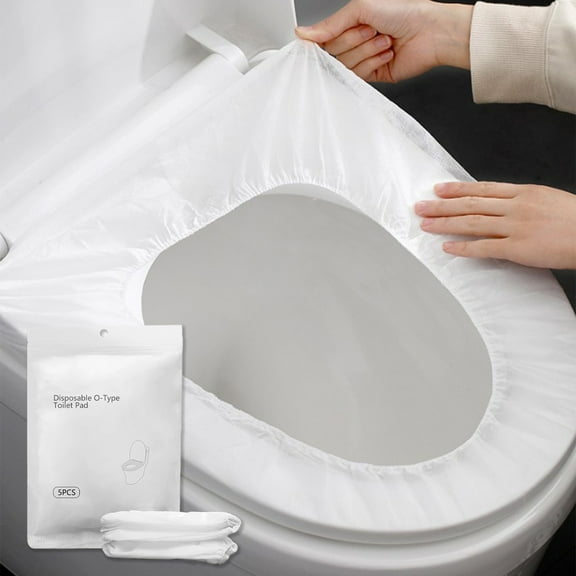Disposable Toilet Seat Covers 5 Pack | White Non Woven Self Adhesive Sanitary Toilet Seat Protectors | Waterproof, Non Slip, Full Size, Portable Disposable Liners for Travel, Restrooms, Hygiene