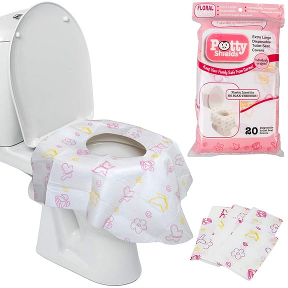 Disposable Toilet Seat Covers for Kids & Adults, 20 Pack - Protect from Public Toilets While Potty Training & More - Extra Large, Weatherproof, Portable, Individually Wrapped - Pink/Floral