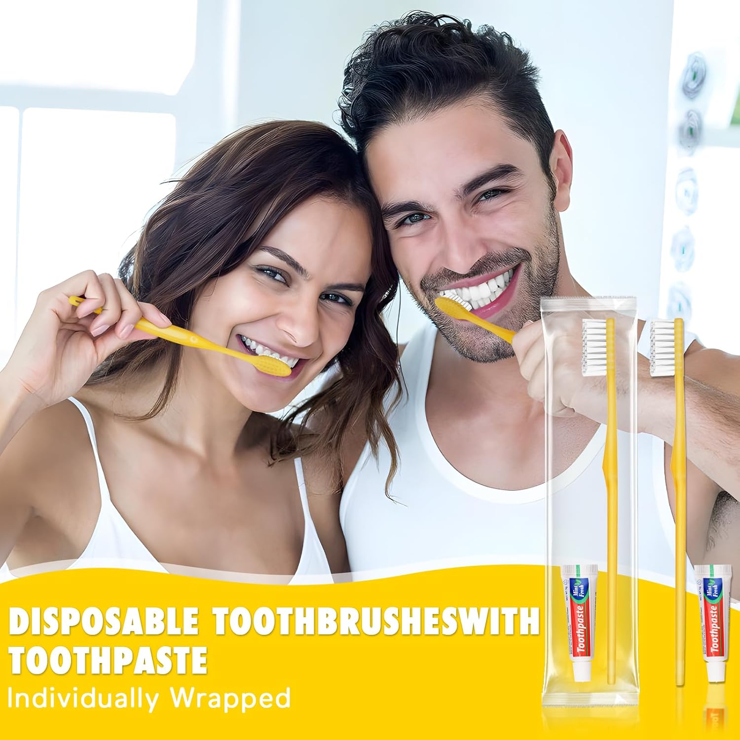Disposable Toothbrushes with Toothpaste Pack of 100, Yellow Hollow ...