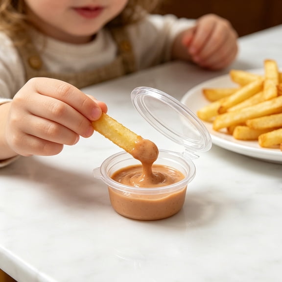 Disposable Transparent Plastic Seasoning Containers with Hinged Lids, 100 Count Small Cups for Takeaway Dips and Condiment Storage-Q