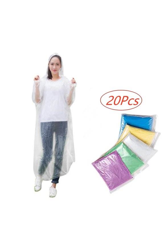 Disposable Transparent Rain Jacket with Hood, Lightweight & Packable Raincoat for Festivals, Concerts, Hiking, Cycling, Camping, Adjustable Drawstring Hood, 116 cm, White