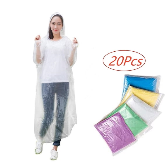 Disposable Transparent Rain Jacket with Hood, Lightweight & Packable Raincoat for Festivals, Concerts, Hiking, Cycling, Camping, Adjustable Drawstring Hood, 116 cm, White