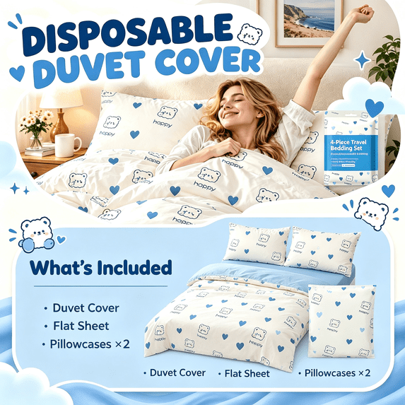 Disposable Travel Bed Set, King Size Disposable Bed Sheets For Travel, Disposable Bed Sheets, Printed Disposable Sheets 4-Piece Travel Bedding Kit