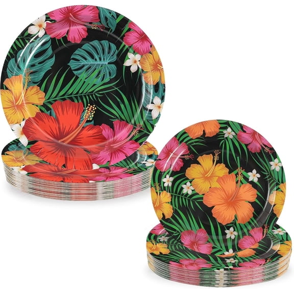 Disposable Tropical Paper Plates, Hawaiian Luau Party Decorations, 100 count