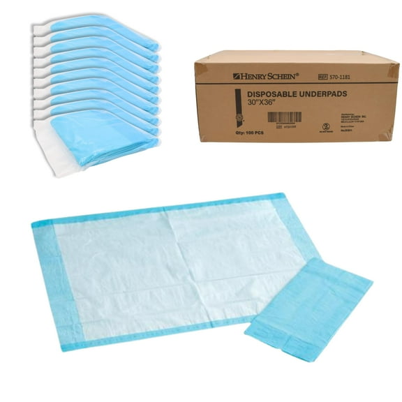 Henry Schein Disposable Underpads, 30x36" – Light Absorbency, 2-Ply Tissue, Not Waterproof – Hypoallergenic, Latex-Free, Poly-Backed for Minor Leaks – 100 Pads/Case, White/Blue