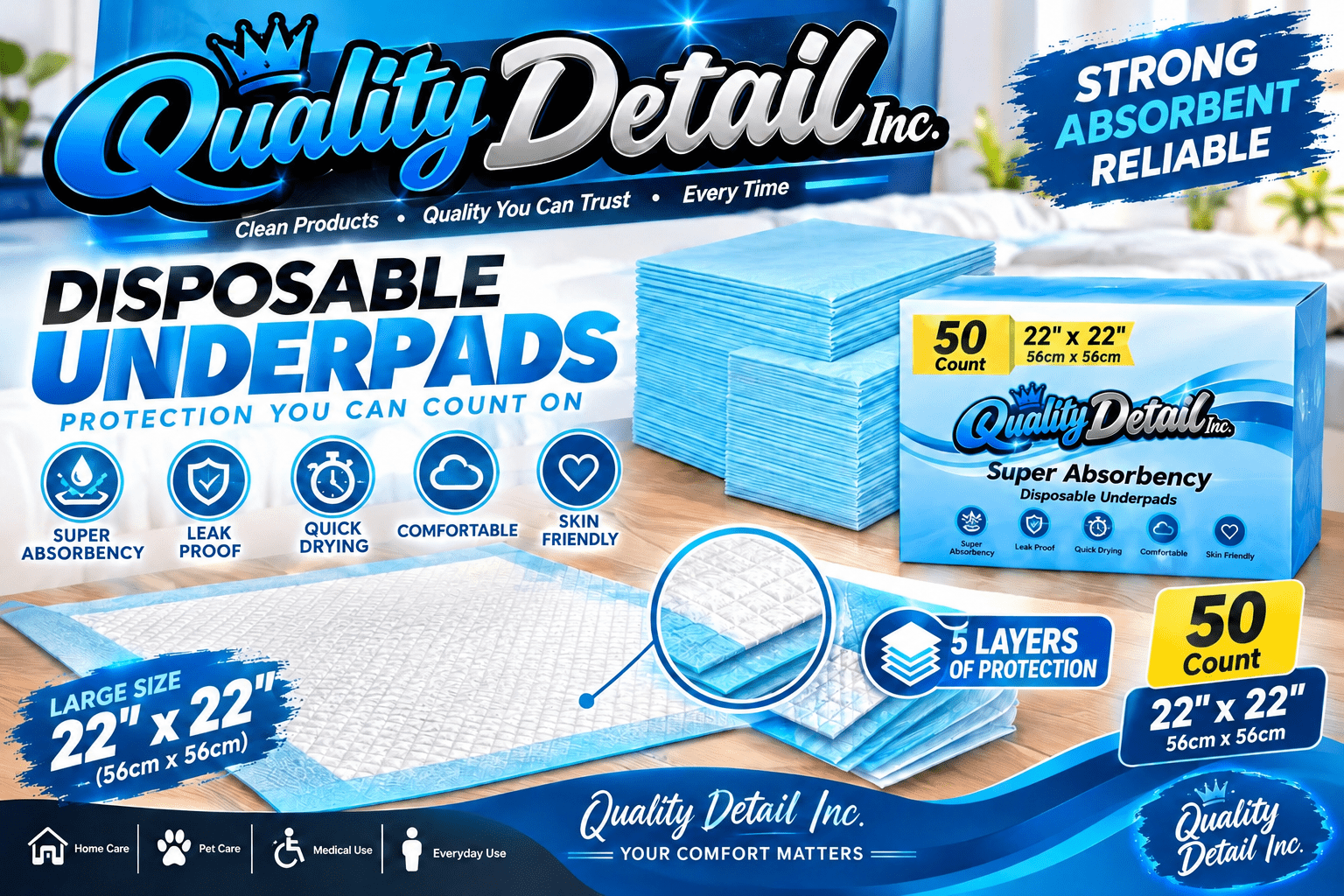 Padding Under Skin Disposable Underpads 50 Count, Super Absorbency, Leak Proof, Quick ...