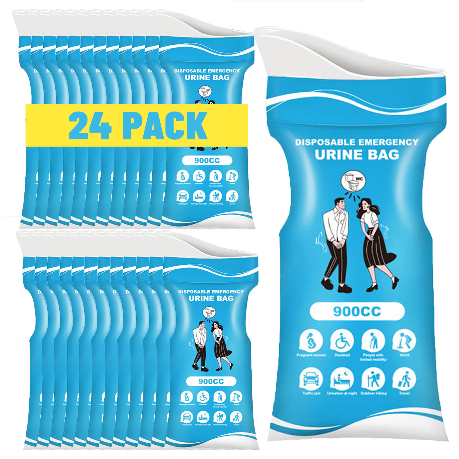 Disposable Urine Bags, 900ML Pee Bags for Women Men Emergency Use, 8/12/24 Pcs Unisex Urine Vomit Bag for Camping, Hiking, Traffic Jams, Road Trips, Pregnant, Patients