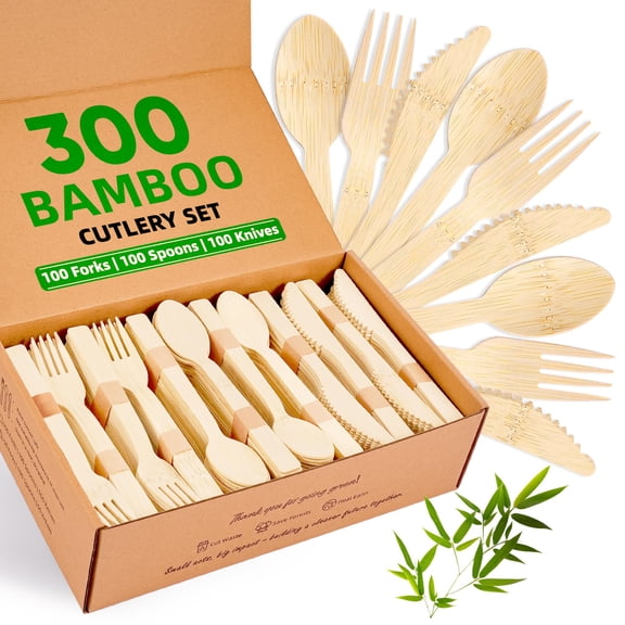 Disposable Utensils Set  Compostable Cutlery Silverware For Parties Catering Office Lunches - 300 (100 Forks 100 Spoons 100 Knives)