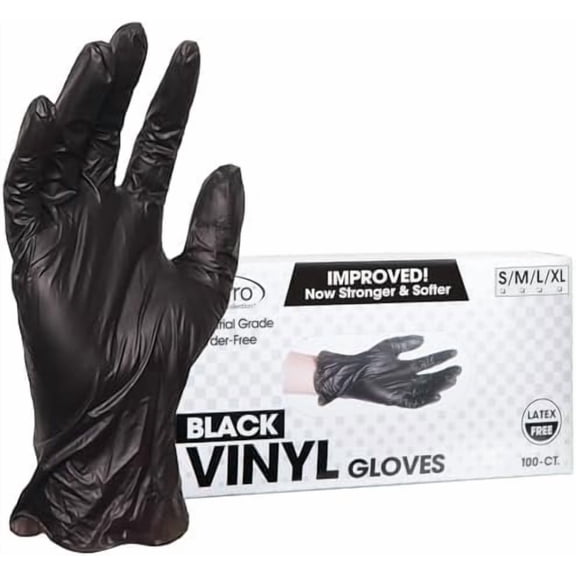Disposable Vinyl Gloves, Black, Industrial Grade, -Free, Latex-Free, Non-Sterile, Safe, 2.75 Mil. Palm, 3.9 Mil. Fingers, Large, 100-Count
