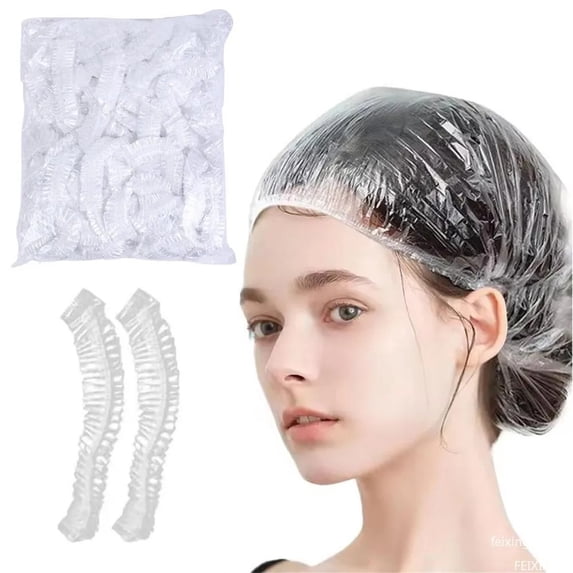 Disposable Waterproof Bath Caps, Thick Plastic, 8 in Unstretched Edge, Hair Protection, Home Steaming, Transparent, Universal Fit, 100 Pc