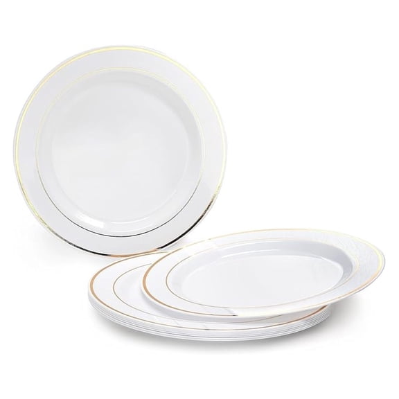 Disposable Wedding Plates 40 Pack - 6.25" White Plastic Dessert Plates with Gold Rim - Heavyweight Party Plates for Events, Catering, Bridal Shower, Elegant Table Setting
