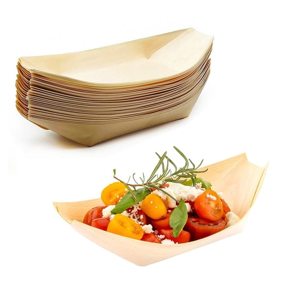 Disposable Wood Serving Boats Plates Trays,50Pack 7", Disposable Plates for Appetizer Sushi Dessert Buffet Hors d'oeuvres Serving Tray, Biodegradable and Compostable Bowls (50, 7 INCH)