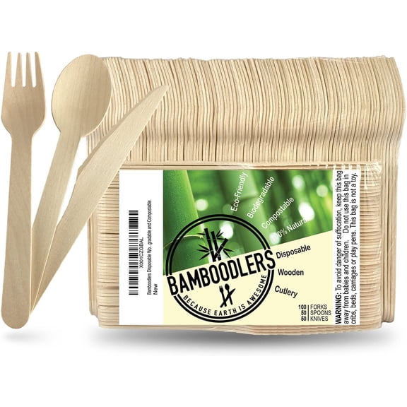 Disposable Wooden Cutlery Set | 100% All-Natural Eco-Friendly Biodegradable and Compostable - Because Earth is Awesome! Pack of 200-6.5 utensils (100 forks 50 spoons knives)