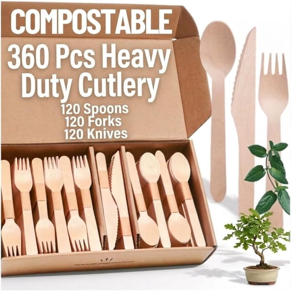 Disposable Wooden Cutlery set 360 Pieces - 120 Forks,120 Spoons & 120 Knives | Birch Wood Eco-Friendly Biodegradable Utensils for parties, Picnics & Catering
