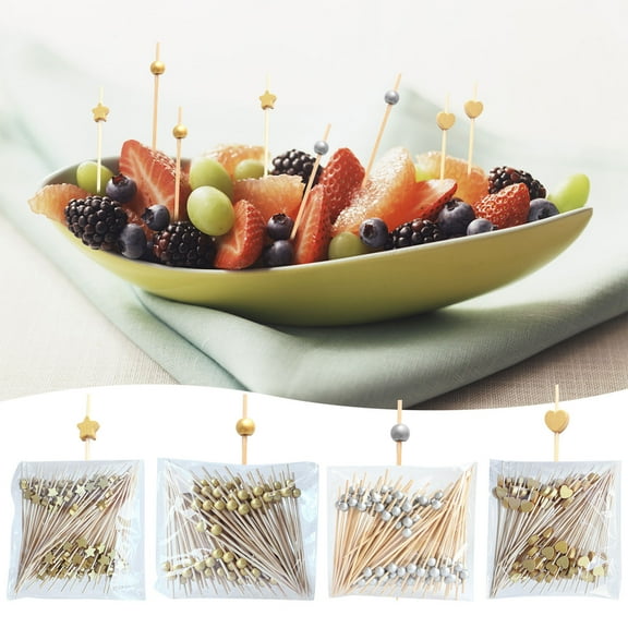Disposable Wooden Golden Bead Skewers, 100 PCS Decorative Fruit Skewers Featuring Love and Star Shapes for Party Platters, Charcuterie Boards, and Dessert Displays, Elegant and Practical Blahzhy