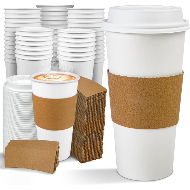 Disposable coffee cup, white paper cup with leaking lid and sleeves ...