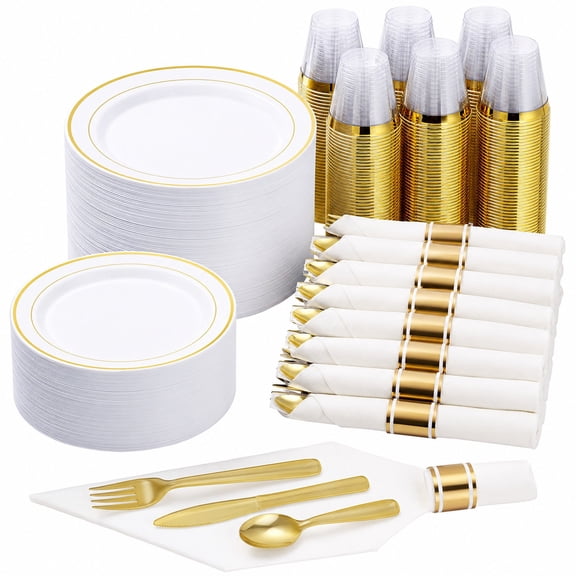Disposable gold plastic dinnerware set for 25 guests: 50 plates, 25 pre-rolled napkins with gold silverware, 25 cupsideal for Christmas, Halloween parties