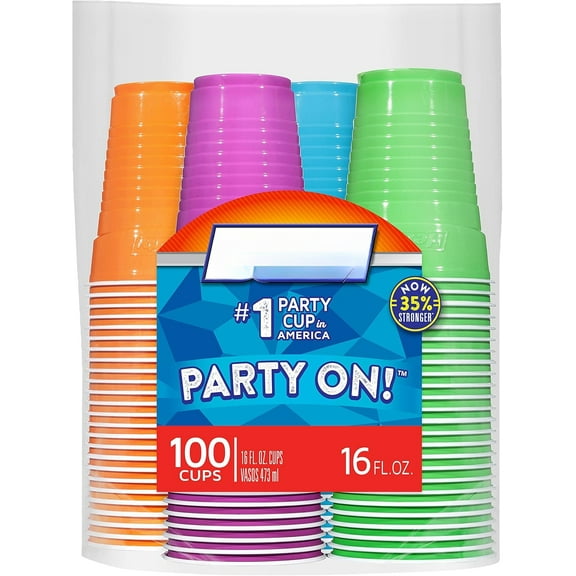Disposable plastic cups, assorted, assorted colors, easy to hold, 16 oz, 100 pieces