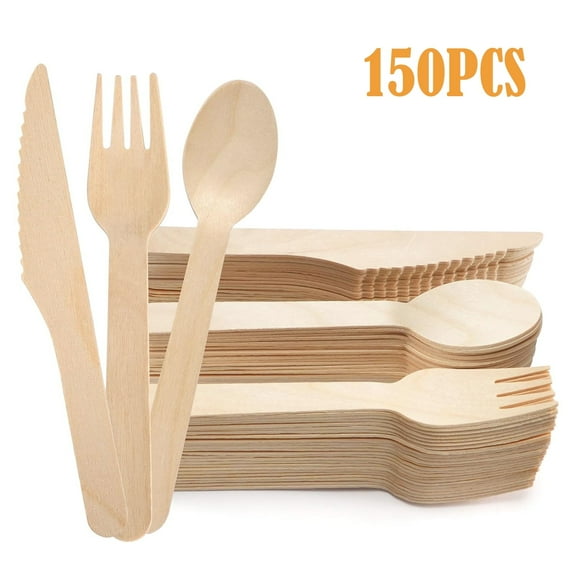 Disposable tableware set, 150 sets of wooden biodegradable tableware (50 forks, 50 spoons, 50 knives) eco-friendly forks and spoons wooden tableware