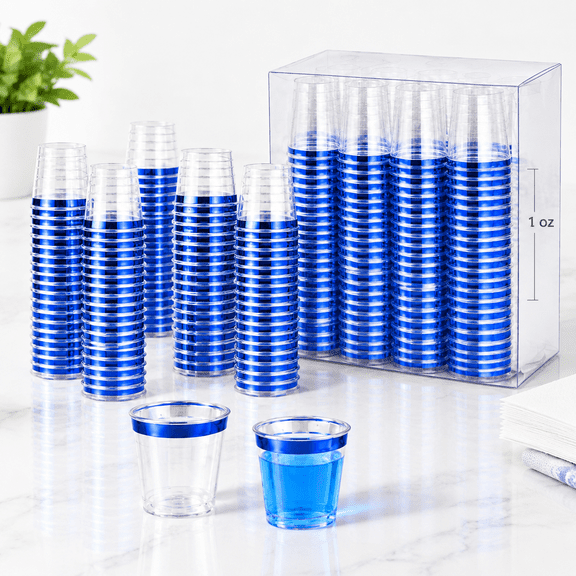 Disposabler Blue Rim 1oz Plastic Shot Glasses