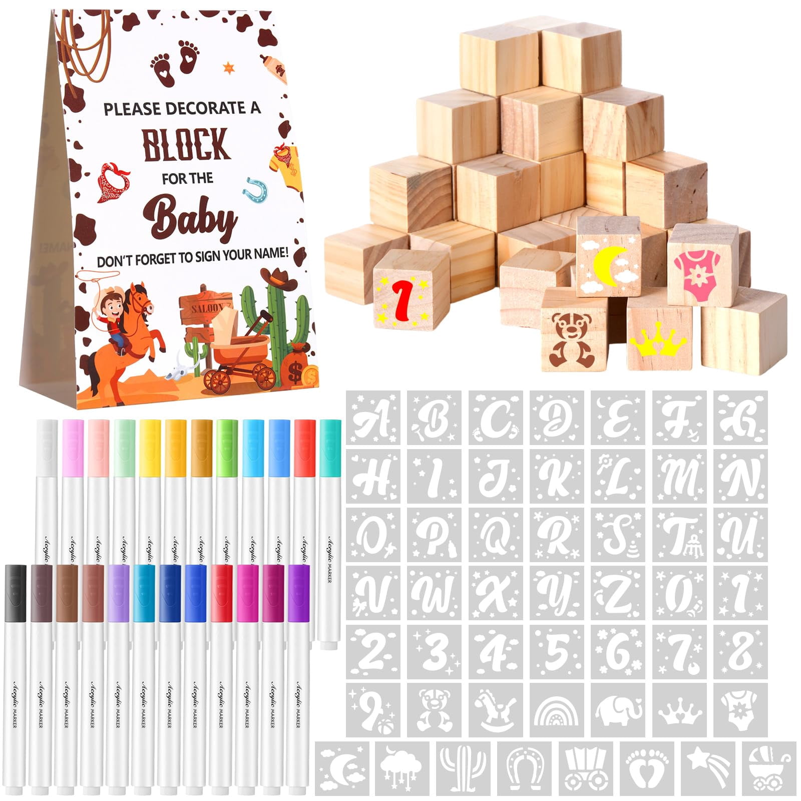 Dispowreath 125 Pcs Cowboy Baby Shower Games Sign Kit Decorate a Block ...