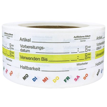 Dissolvable Food Life Rotation Prep Use by Stickers with German Wording, 2 x 3 Inches Wide, 500 Labels on a Roll
