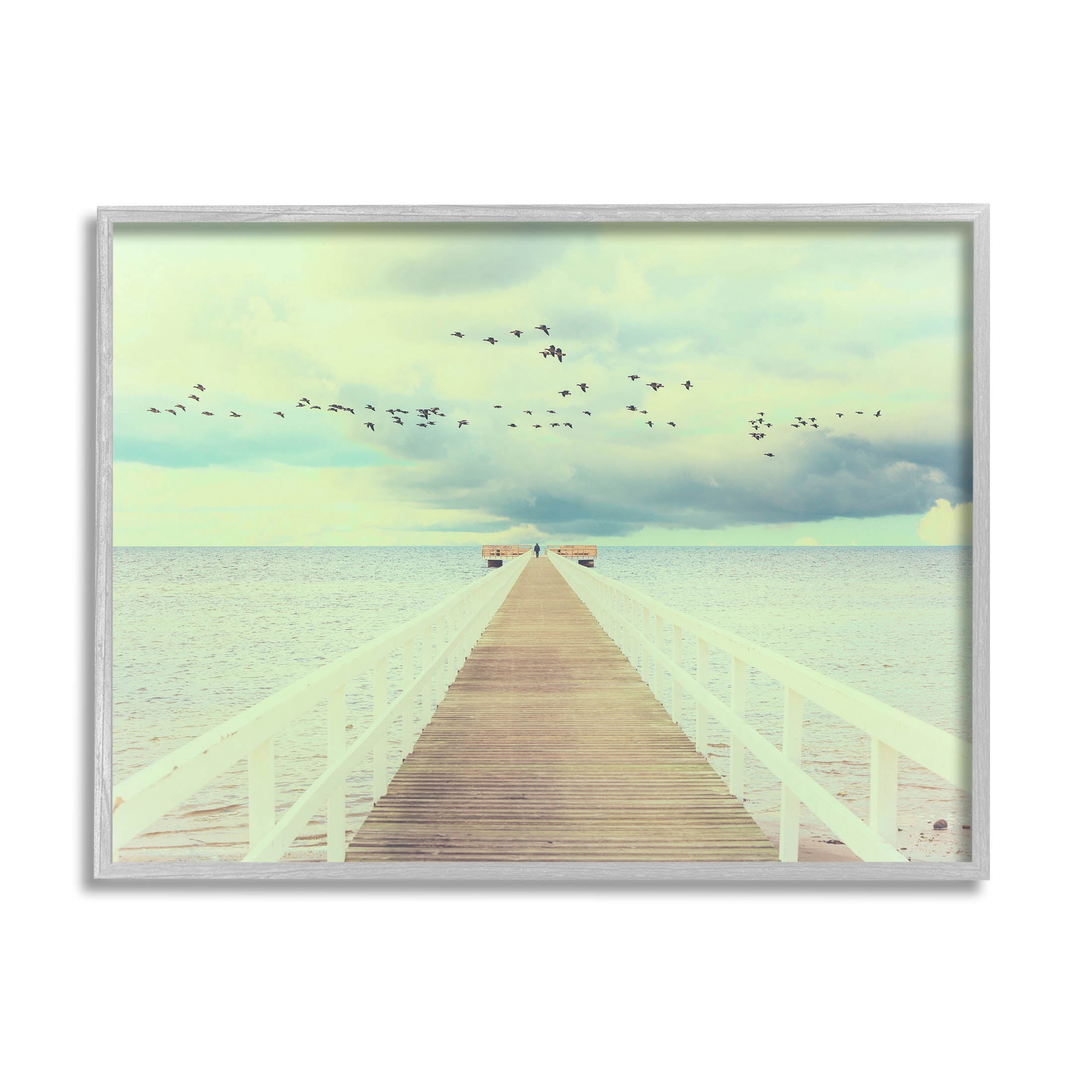 Distant Dock Peaceful Coast Shore Coastal Photograph Gray Framed Art Print Wall Art