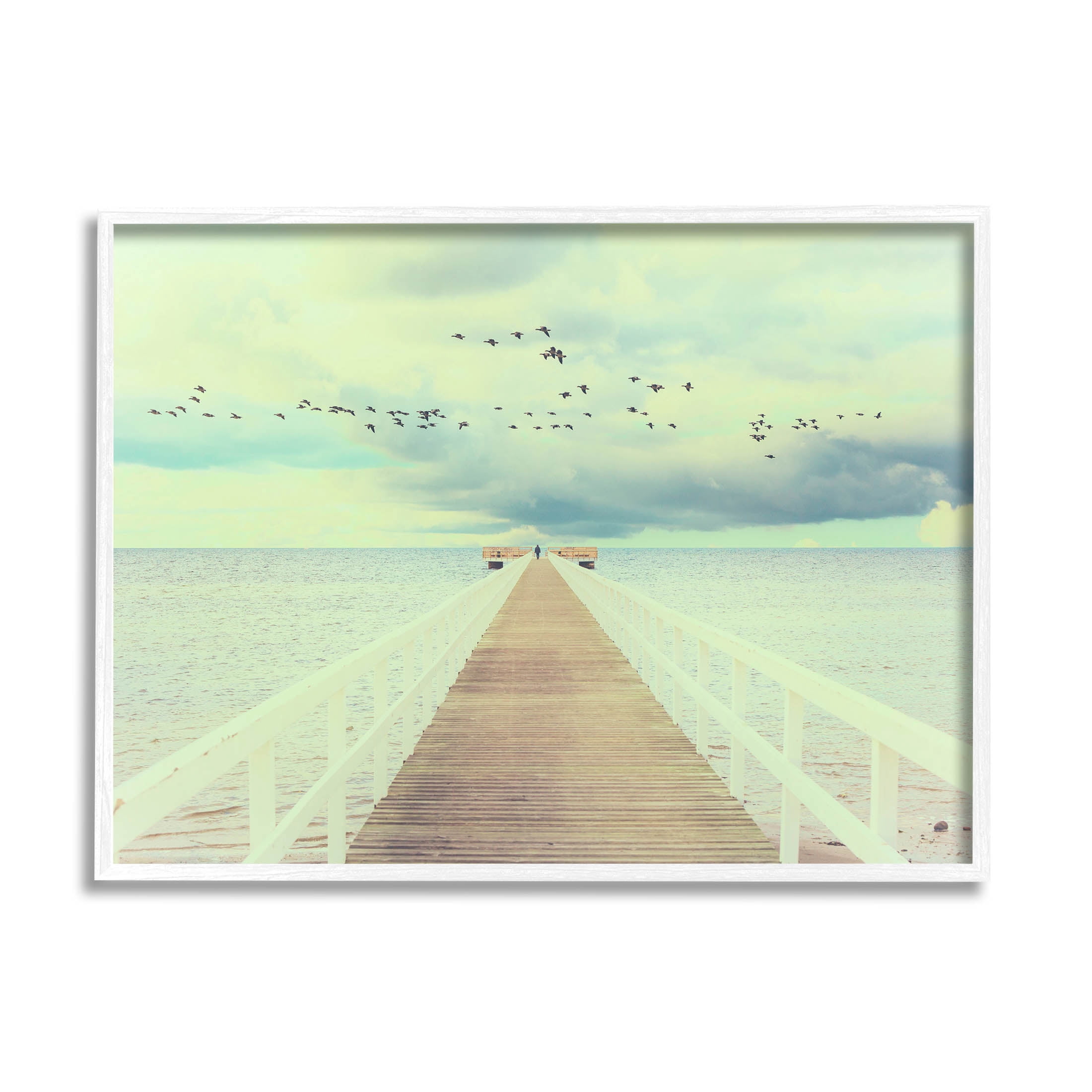 Distant Dock Peaceful Coast Shore Coastal Photograph White Framed Art Print Wall Art