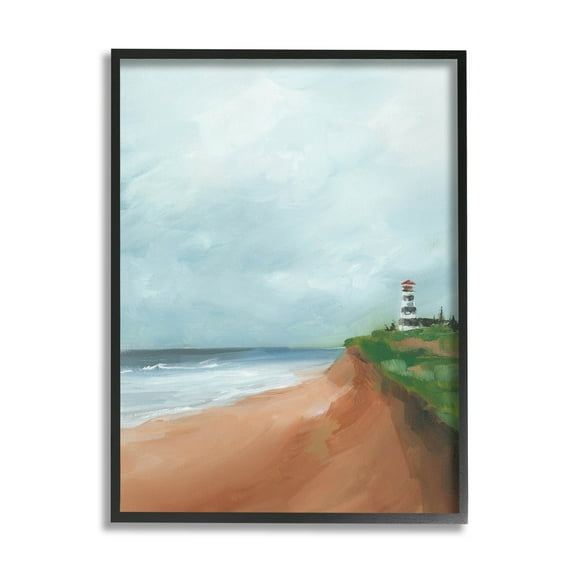 Distant Lighthouse Beach Shore Coastal Painting Black Framed Art Print Wall Art
