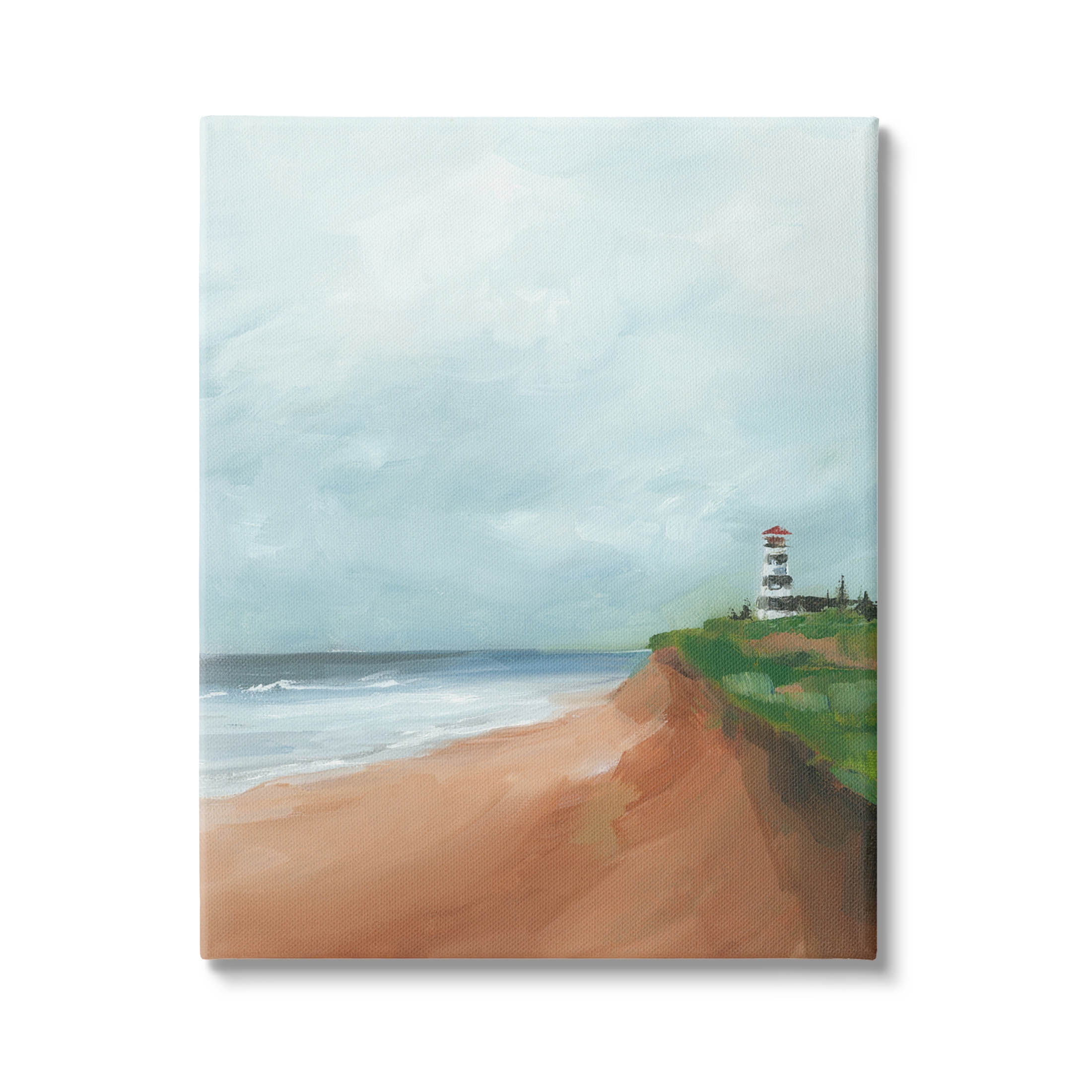 Distant Lighthouse Beach Shore Coastal Painting Gallery Wrapped Canvas Print Wall Art