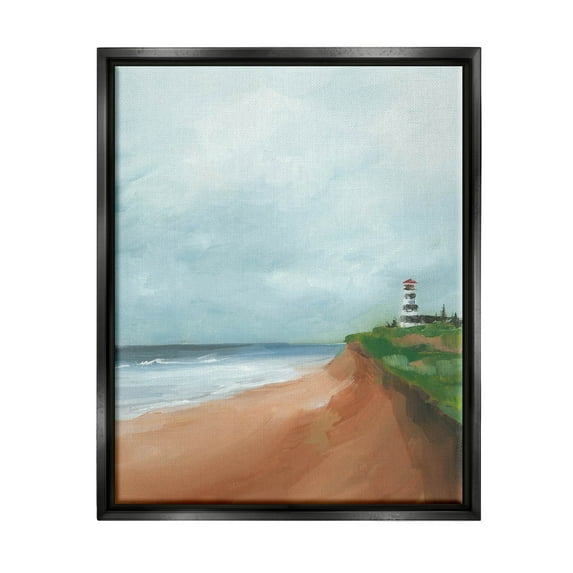 Distant Lighthouse Beach Shore Coastal Painting Jet Black Framed Art Print Wall Art