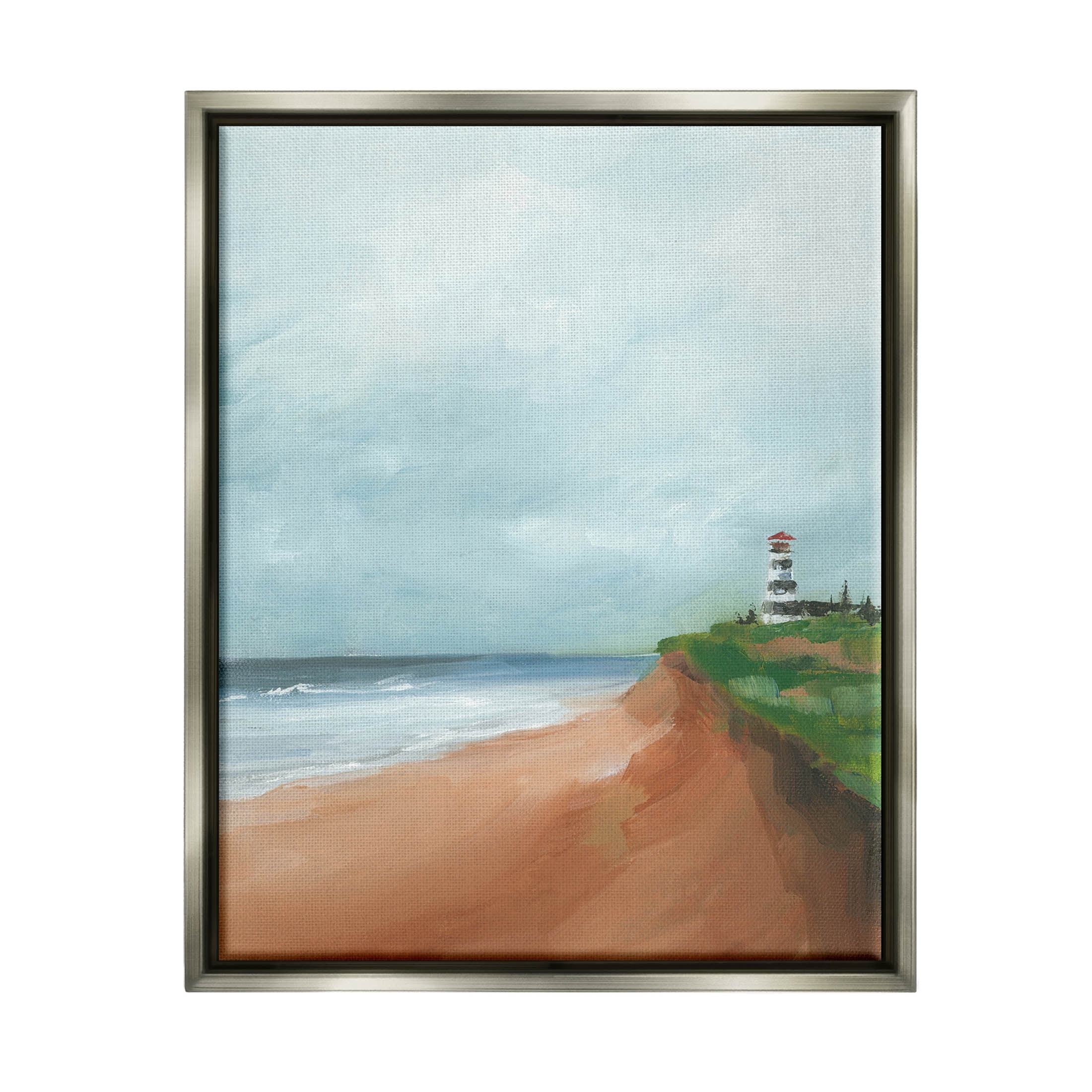 Distant Lighthouse Beach Shore Coastal Painting Luster Gray Framed Art Print Wall Art