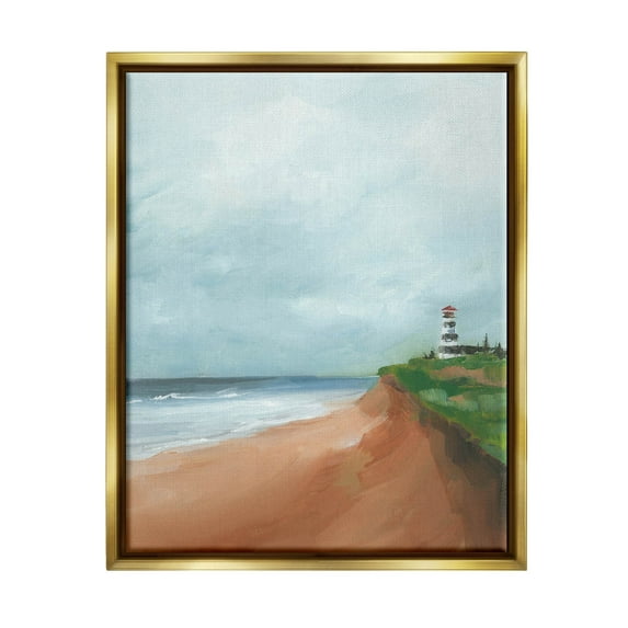 Distant Lighthouse Beach Shore Coastal Painting Metallic Gold Framed Art Print Wall Art