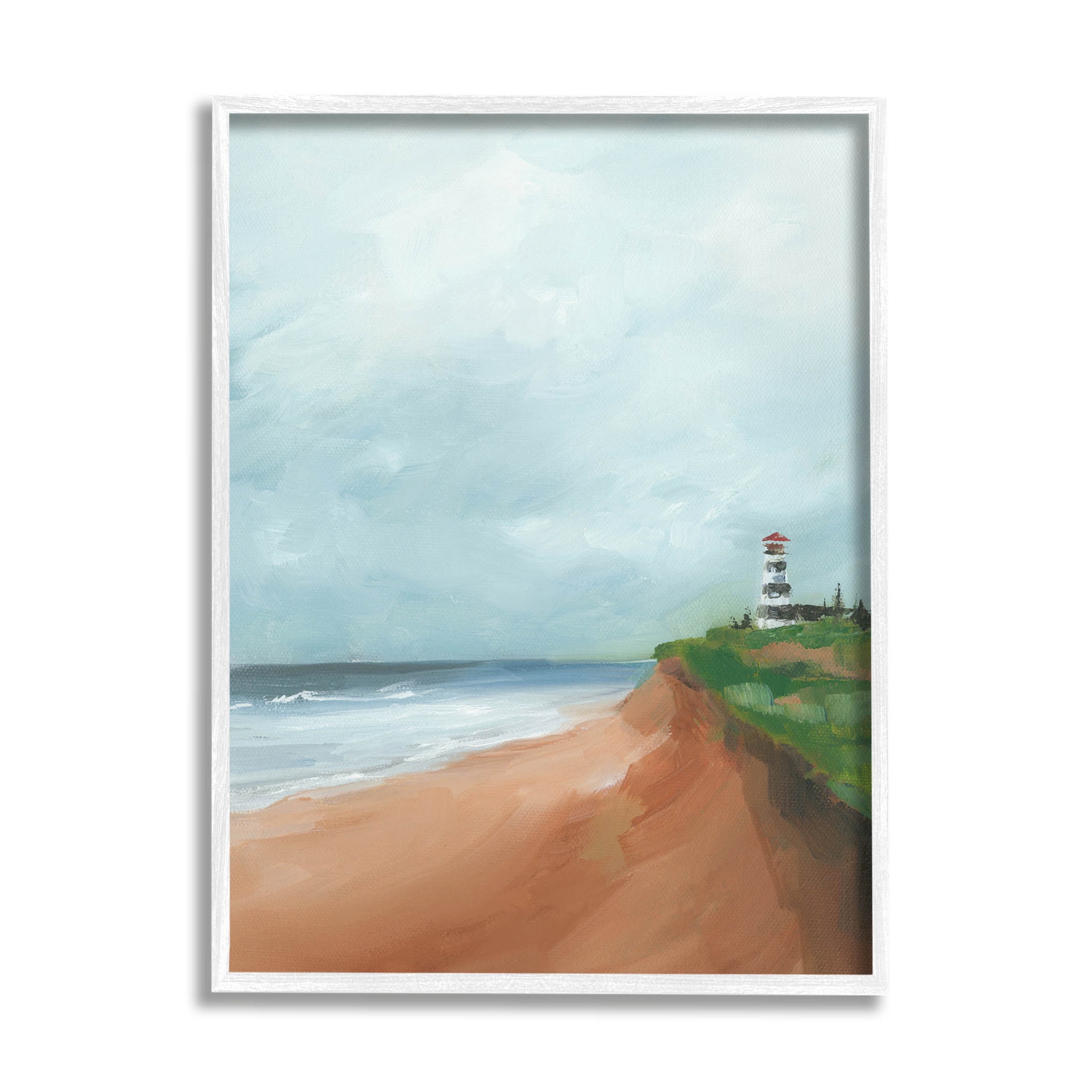 Distant Lighthouse Beach Shore Coastal Painting White Framed Art Print Wall Art