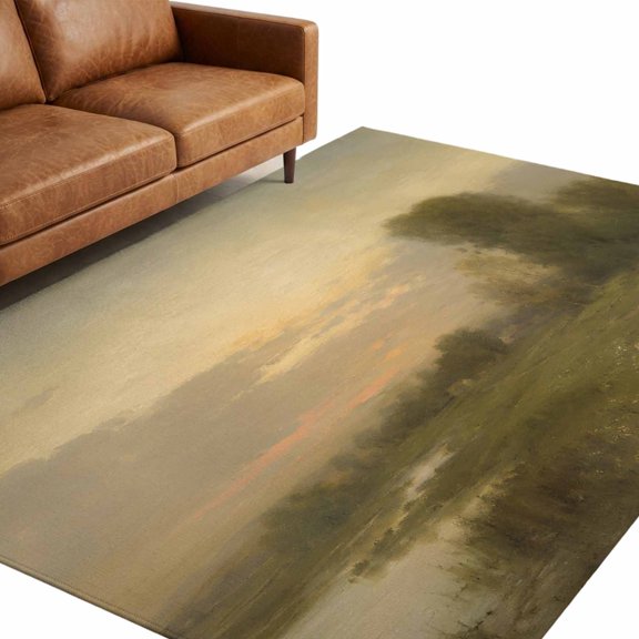 Distant Meadow Trees Washable Area Rug 5 x 8 ft Vintage Winding Dirt Path Rustic Farmhouse Soft Non‑Slip Rugs Stain Repellent Indoor Mats for Spacious Family Room, Long Dining‑Table, Sunroom