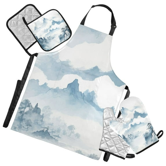 Distant Mountains in Cloud 5 Pcs Kitchen Set Heat Resistant Oven Mitts and Non-Slip Pot Holders with Adjustable Cooking Apron