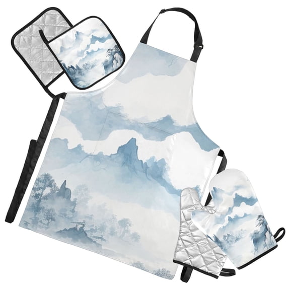 Distant Mountains in Cloud 5 Pcs Kitchen Set Heat Resistant Oven Mitts and Non-Slip Pot Holders with Adjustable Cooking Apron