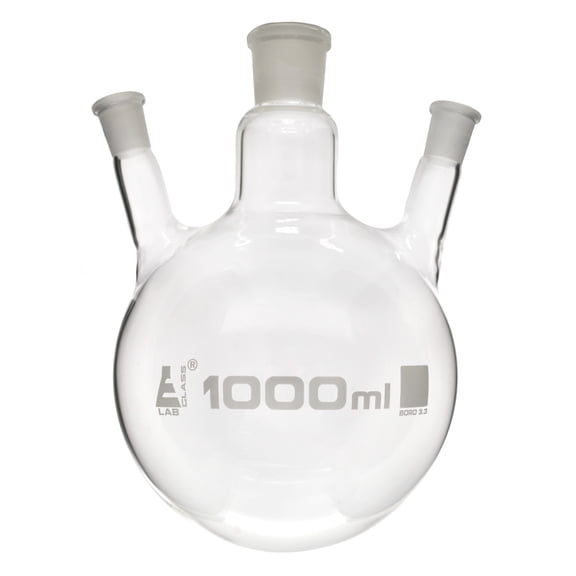 Distillation Flask with 3 Necks, 1000ml Capacity, 24/29 Center Socket, 19/26 Side Sockets, Interchangeable Ground Joints, Round Bottom, Borosilicate Glass - Eisco Labs