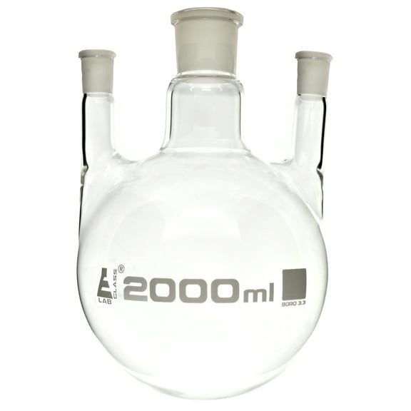 Distillation Flask with 3 Parallel Necks, 2000ml Capacity, 29/32 Center Socket, 19/26 Side Sockets, Interchangeable Ground Joints, Borosilicate Glass - Eisco Labs