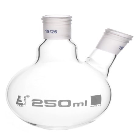 Distillation Flask with 19/26 Joints, 250ml Capacity, Two Necks, Interchangeable Screw Thread Joint, Borosilicate Glass - Eisco Labs