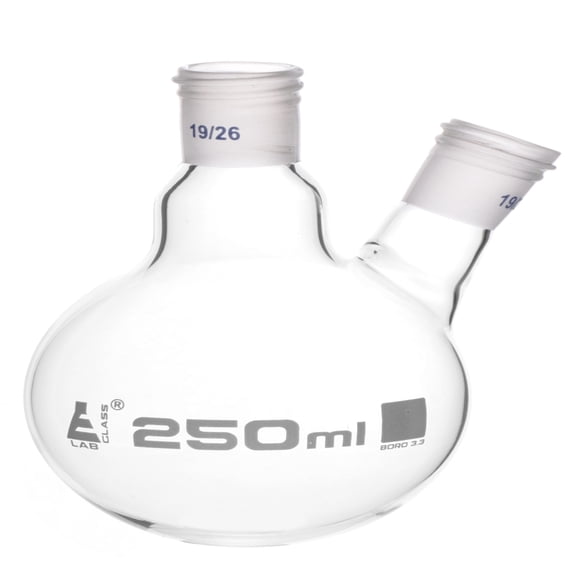 Distillation Flask with 19/26 Joints, 250ml Capacity, Two Necks, Interchangeable Screw Thread Joint, Borosilicate Glass - Eisco Labs