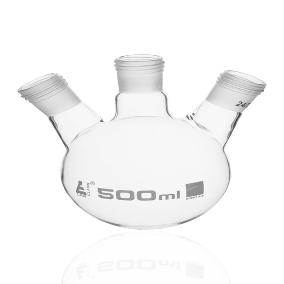 Distillation Flask with 3 Necks, 500ml - 24/29 Joint Size - Round Bottom, Interchangeable Screw Thread Joints - Borosilicate Glass - Eisco Labs