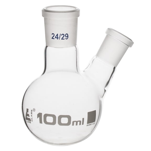 Distilling Flask, 100ml - Oblique Neck with 24/29 Joint - Side Socket Size 14/23 - Round Bottom - Borosilicate Glass - Eisco Labs