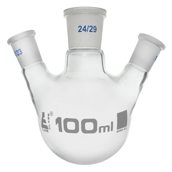 Distilling Flask, 100ml - Three Necks, At Angle - Center Socket Size 24/29, Side Sockets Size 14/23 - Round Bottom - Borosilicate Glass - Eisco Labs