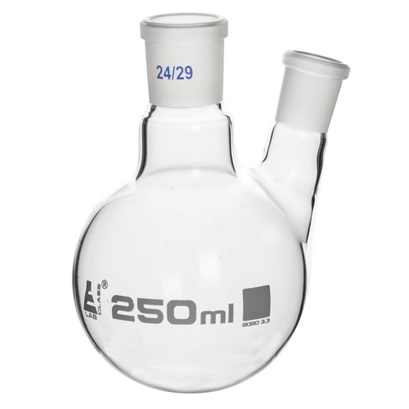 Distilling Flask, 250ml - Oblique Neck with 24/29 Joint - Side Socket Size 19/26 - Round Bottom - Borosilicate Glass - Eisco Labs