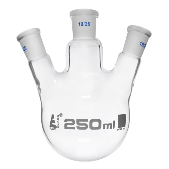 Distilling Flask, 250ml - Three Necks at Angle - Center Socket Size 19/26, Side Sockets Size 19/26 - Round Bottom - Borosilicate Glass - Eisco Labs