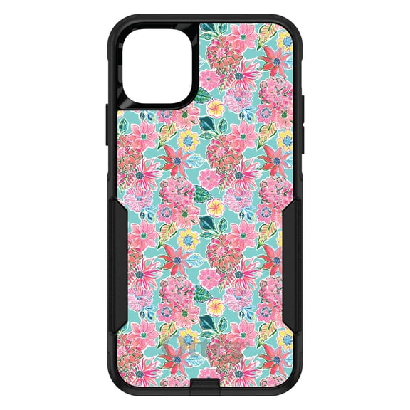 DistinctInk OtterBox Commuter Custom Case for Apple iPhone 11 (6.1" Screen) - Pink Flowers on Teal Background - Tempered Glass Back