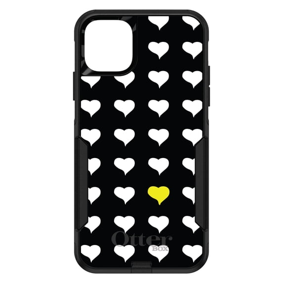 DistinctInk OtterBox Commuter Custom Case for Apple iPhone 11 (6.1" Screen) - Yellow White Black Repeating Hearts - Tempered Glass Back